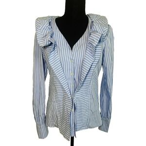 Sandro Ferrone Roma Blue White Stripe Ruffle Bold Button Up Long Sleeve Blouse S